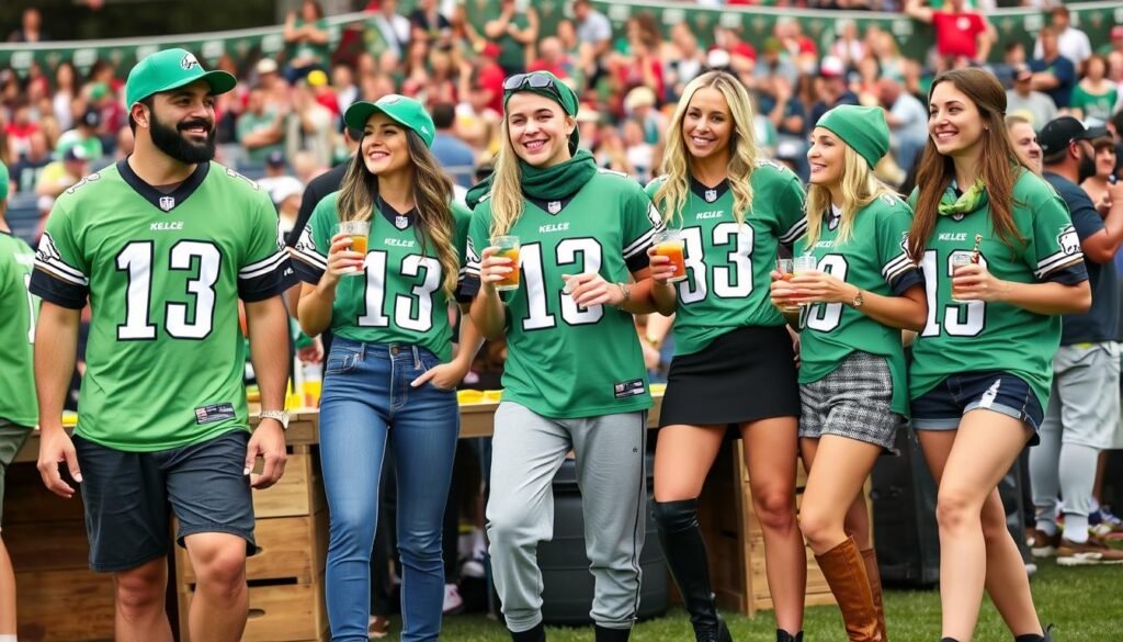 game day outfits featuring the kelce kelly green jersey